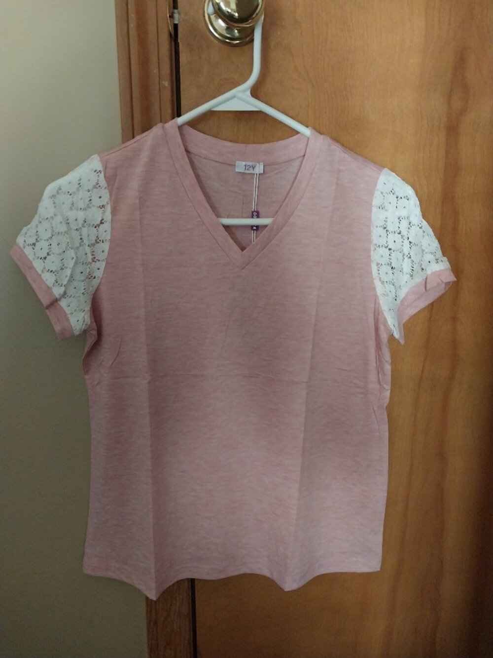 Girl's Tee Shirt.  Pink with white lace sleeves.